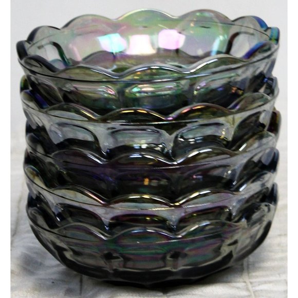 5 Bowls Indiana Carnival Blue Glass Snack/Dessert Scallop Thumbprint Iridescent - Picture 1 of 7